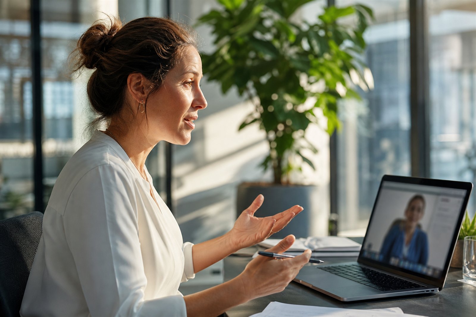 Professional asking a question at a laptop in a sunlit office