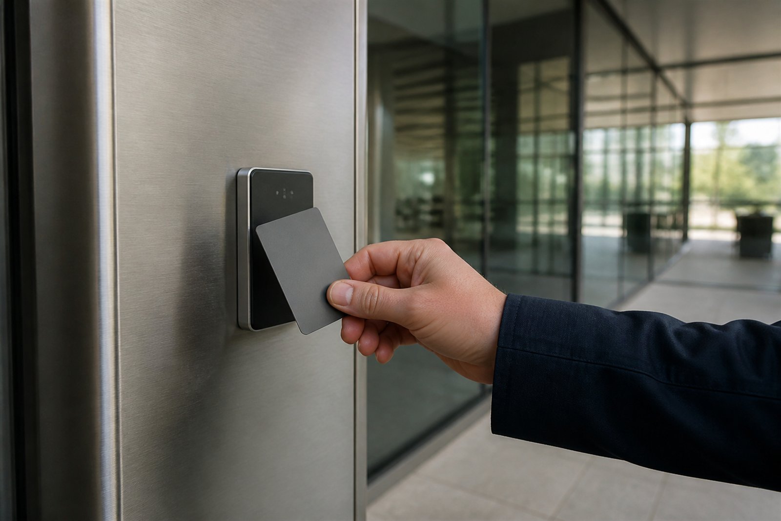Badge access at a steel door reader in a modern corridor